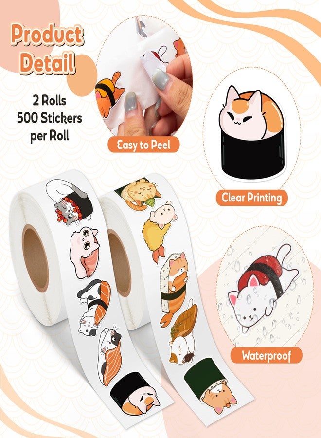 Eartim Sushi Cat Sticker Rolls - 1000Pcs Cartoon Kawaii Sushi Cute Cat Stickers Waterproof Self-Adhesive Decorative Decal for Kids Birthday Party Gift Student Reward Teacher Supply Christmas Favors - Image 3